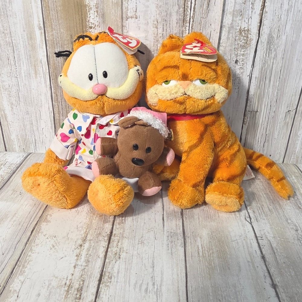 Ty Beanie Babies Garfield Plush Lot Goodnight Garfield Pajamas Teddy Bear 2005